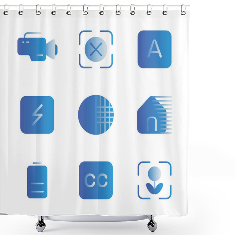 Personality  Photo Editor Icon Set Include Camera, Device, Video, Record, Focus, None, Auto, Optional, Flash, Option, Shade, Shadow, Contras, Photo Filter, Battery, Charge, Power, Resolution, Macro Shower Curtains