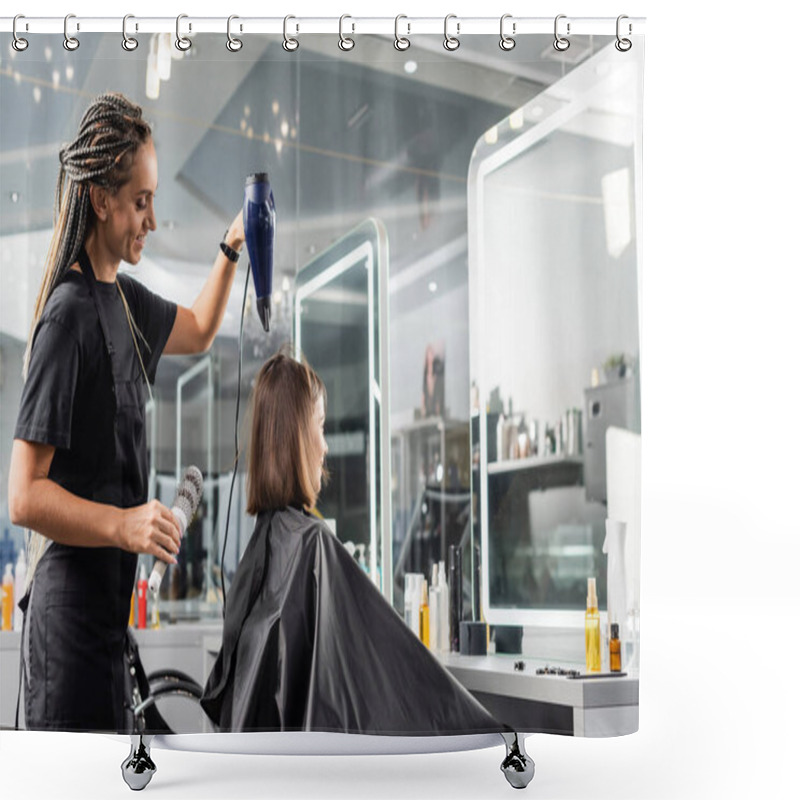 Personality  Salon Blow Dry, Happy Hairdresser With Round Brush And Hair Dryer Styling Hair Of Female Customer, Brunette Woman With Short Hair, Beauty Salon, Hair Volume, Blowout, Client Satisfaction  Shower Curtains