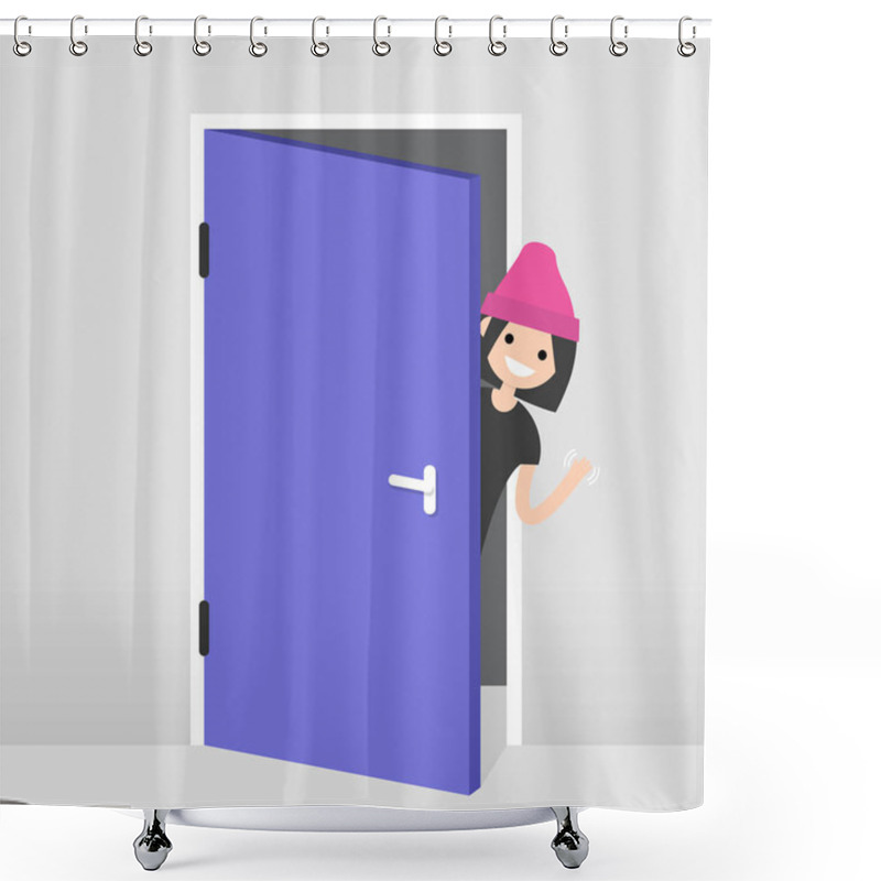 Personality  Young Girl Peeking Out From Behind The Door. Hello Or Goodbye Ha Shower Curtains