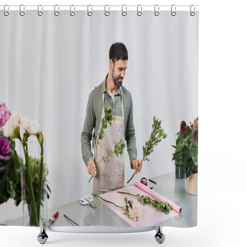 Personality  A Skilled Florist Creates Beautiful Displays In His Inviting Shop, Amidst Lush Greenery. Shower Curtains