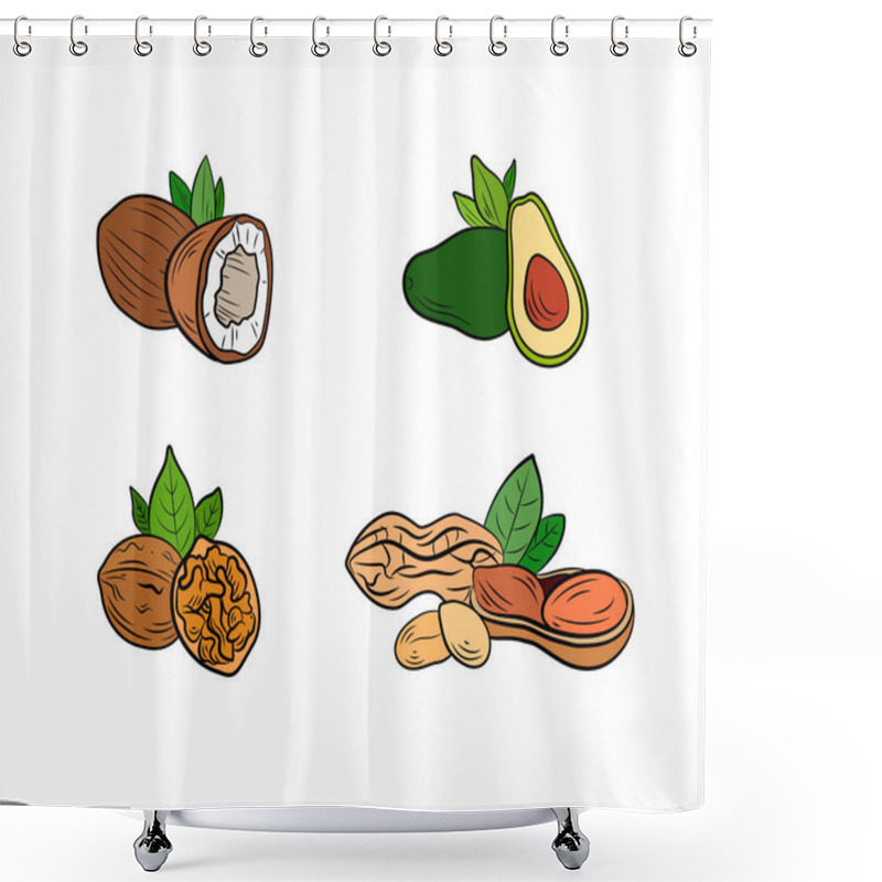 Personality  Vector Set Of Healthy Eating Products, Coconut, Avocado, Walnut And Peanut Isolated On White Background, Colorful Illustration. Shower Curtains