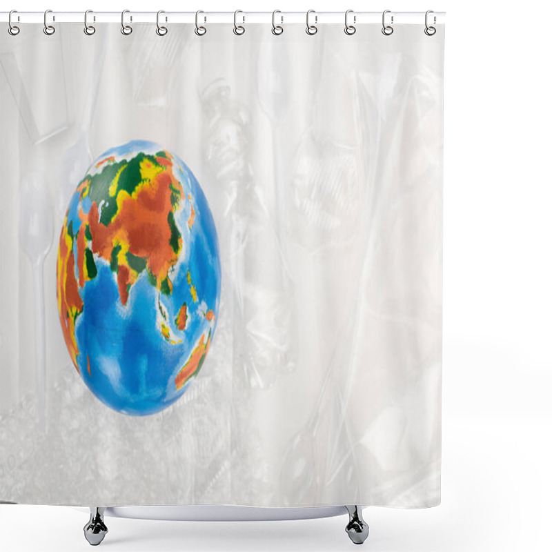 Personality  Top View Of Globe On Plastic Garbage On White Background, Global Warming Concept Shower Curtains