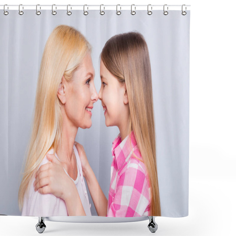 Personality  Close-up Profile Side View Portrait Of Two Nice Cute Charming Attractive Lovely Sweet Gentle Cheerful Cheery People Wearing Casual Touching Noses Isolated Over Gray Pastel Background Shower Curtains