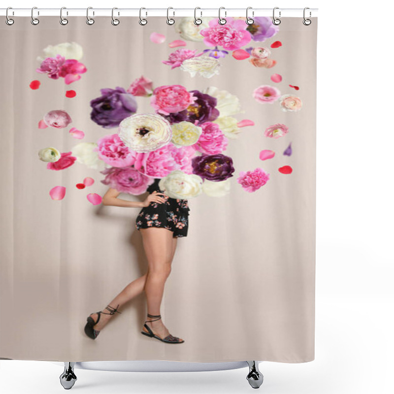 Personality  Creative Spring Fashion Composition. Posing Girl And Flowers Splash Shower Curtains