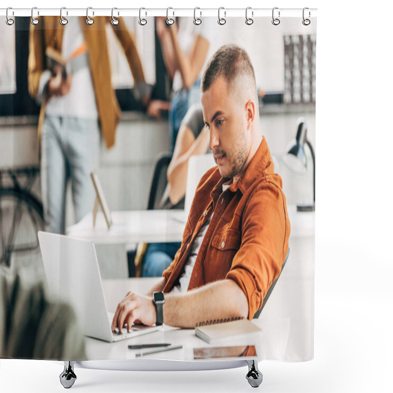 Personality  Young Man Working With Laptop At Open Space Office With Colleagues On Background Shower Curtains