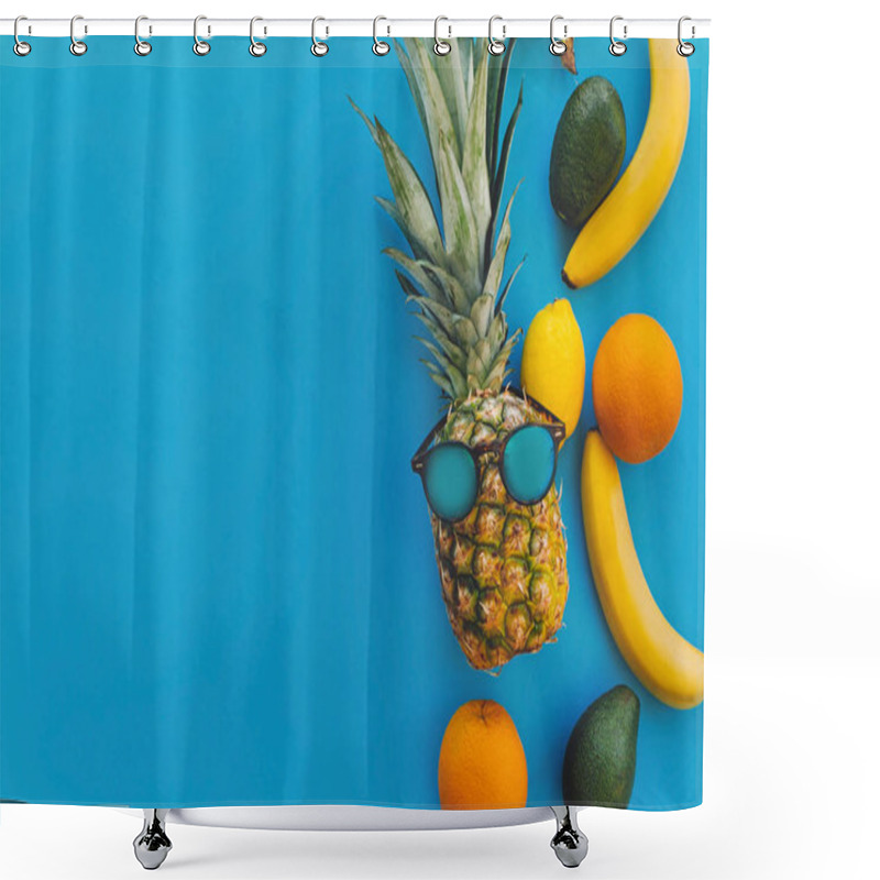 Personality  Stylish Pineapple In Sunglasses And Bananas,oranges,lemons,avocado On Blue Trendy Paper Background Flat Lay, Space For Text. Summer Multi Fruit Concept, Healthy Lifestyle And Party Vibes Shower Curtains