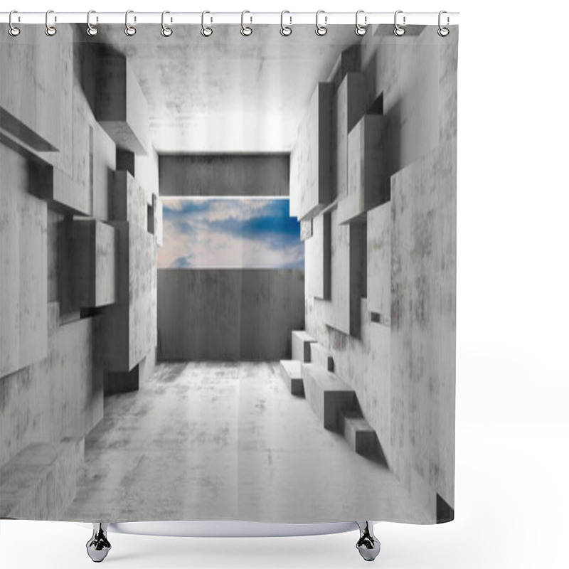 Personality  Abstract Geometric Concrete Architecture With Sky View For Modern Design. 3d Render. Shower Curtains