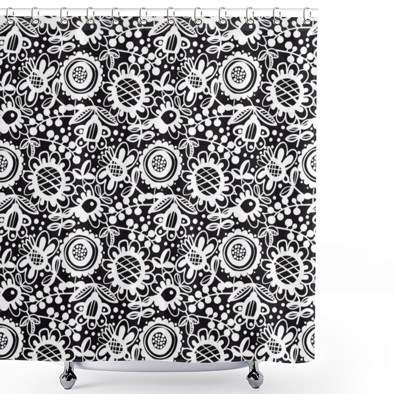 Personality  Naive Folk Style Flowers Seamless Pattern For Background, Fabric, Textile, Wrap, Surface, Web And Print Design. Black And White Colors Hand Drawn Lace Flowers Textile Rapport. Shower Curtains