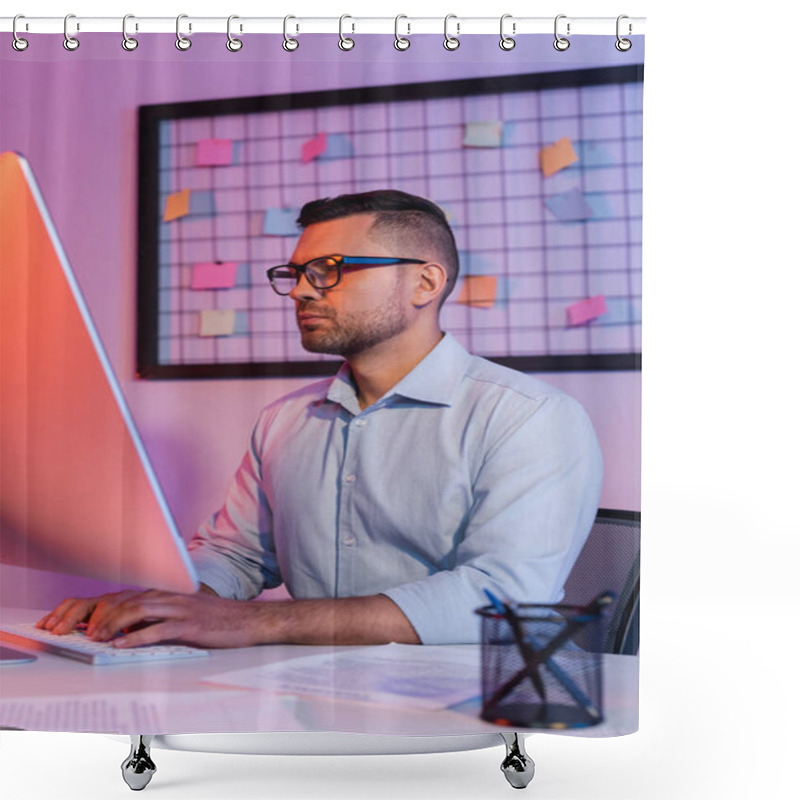 Personality  Businessman In Glasses Typing On Computer Keyboard And Looking At Monitor  Shower Curtains