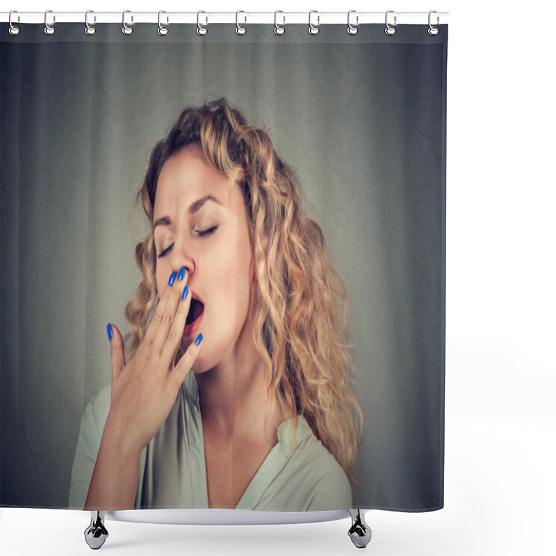 Personality  Sleepy Young Woman Yawning Eyes Closed Looking Bored Shower Curtains