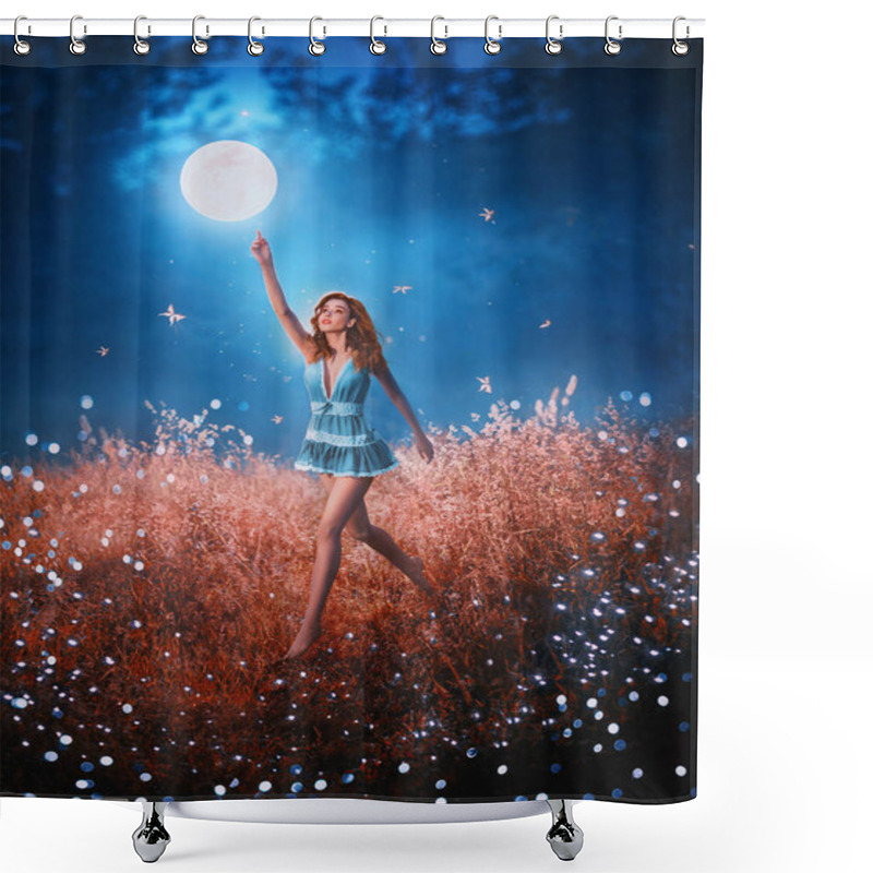 Personality  Pretty Leggy Beauty With Flying Flowing Hair Runs Through Field Of Fallen Stars Behind Mystical Floating Moon. Amazing Art Photo With Creative Colors. Girl In Image Of Night Fairy In Short Blue Dress Shower Curtains