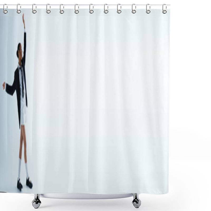 Personality  African American Woman, Dressed In A Black And White Suit, Gracefully Dancing In A Studio. Shower Curtains