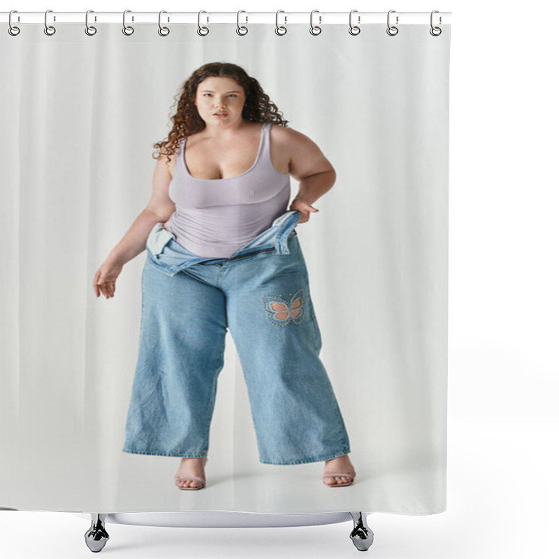 Personality  Young Woman Wearing Fashionable Attire Poses With Confidence In A Minimalist Studio Space. Shower Curtains