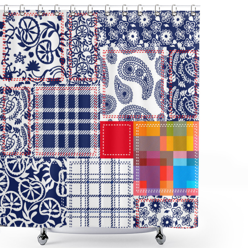 Personality  Blue, White, Red Patchwork. Textile Collage. Checkered, Floral Patterns Shower Curtains