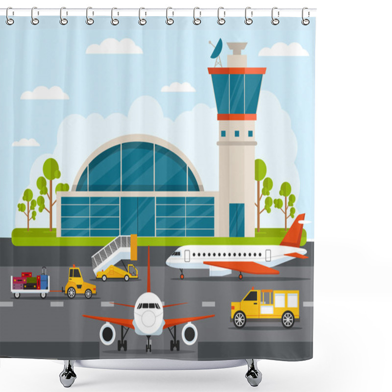 Personality  Airport With Infographic Elements Templates. Vector Flat Illustration Shower Curtains