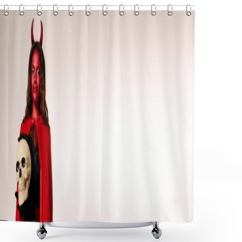 Personality  A Stunning Woman Dressed As A Devil Poses Confidently, Showcasing Her Halloween Spirit With A Skull. Shower Curtains