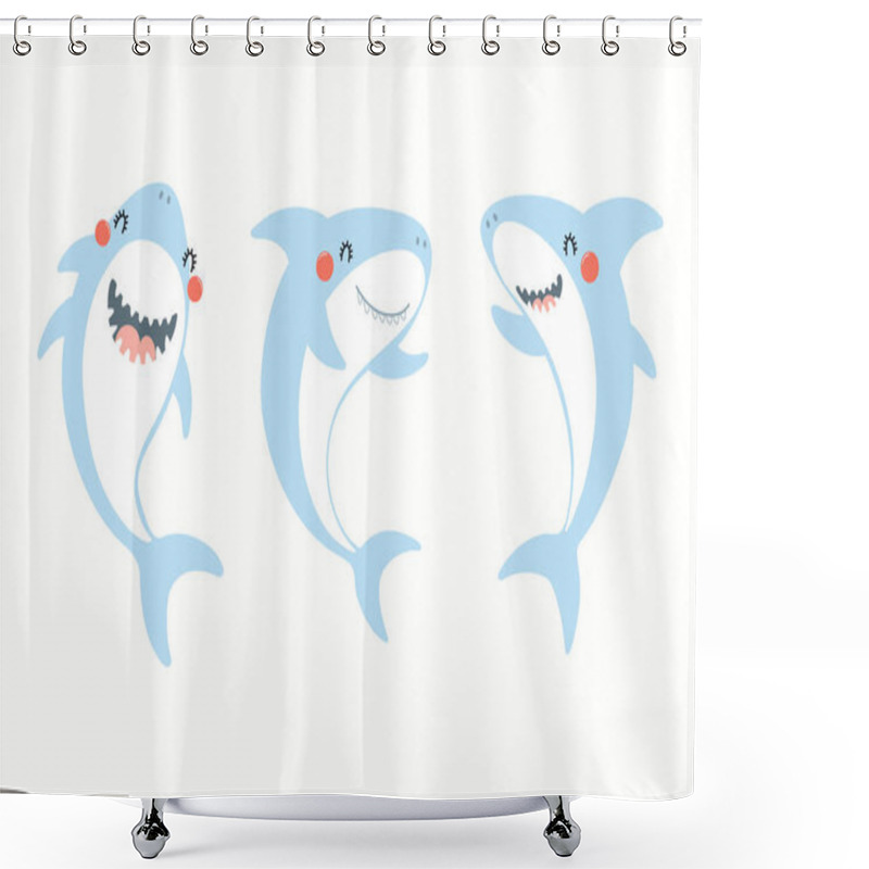 Personality  Collection Of Cute Funny Sharks.Hand Drawn Vector Illustration. Flat Style Design. Concept For Summer Children Print. Shower Curtains