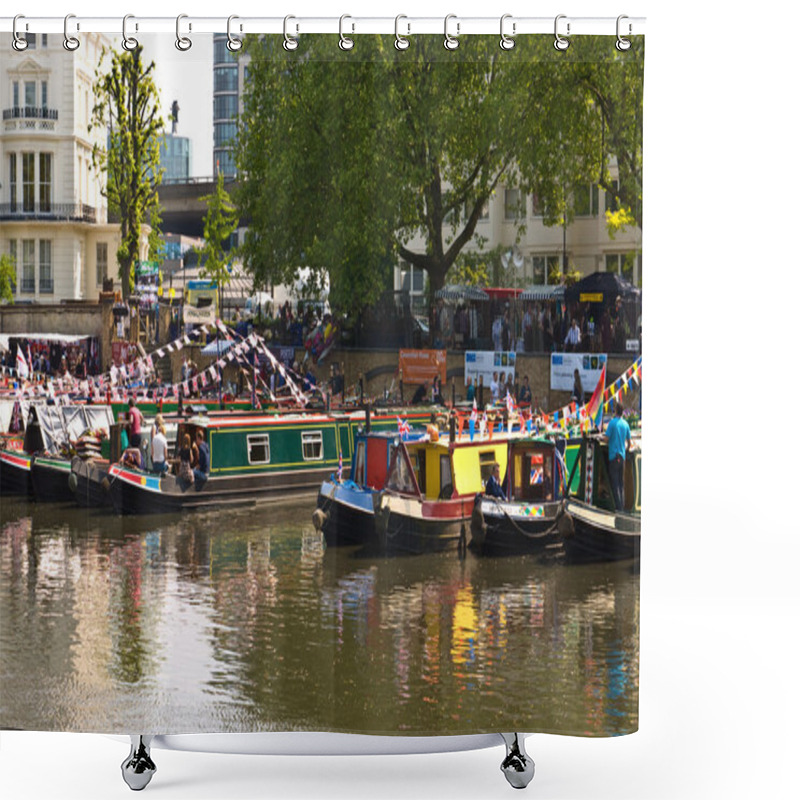 Personality  Narrow Boats In Traditional Colours In London's Little Venice, Wait For The Strat Of The Annual Canalway Cavalcade. Shower Curtains