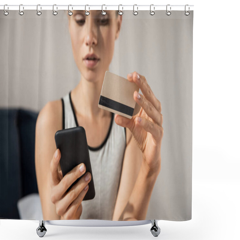 Personality  Woman Shopping Online With Smartphone Shower Curtains