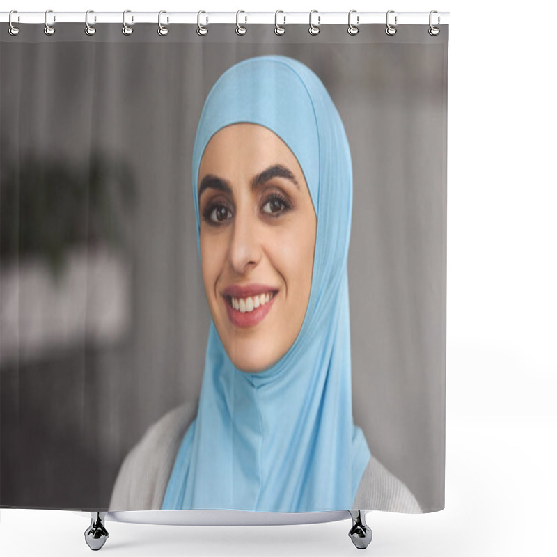 Personality  Portrait Of Smiling Beautiful Muslim Woman In Hijab At Home Shower Curtains