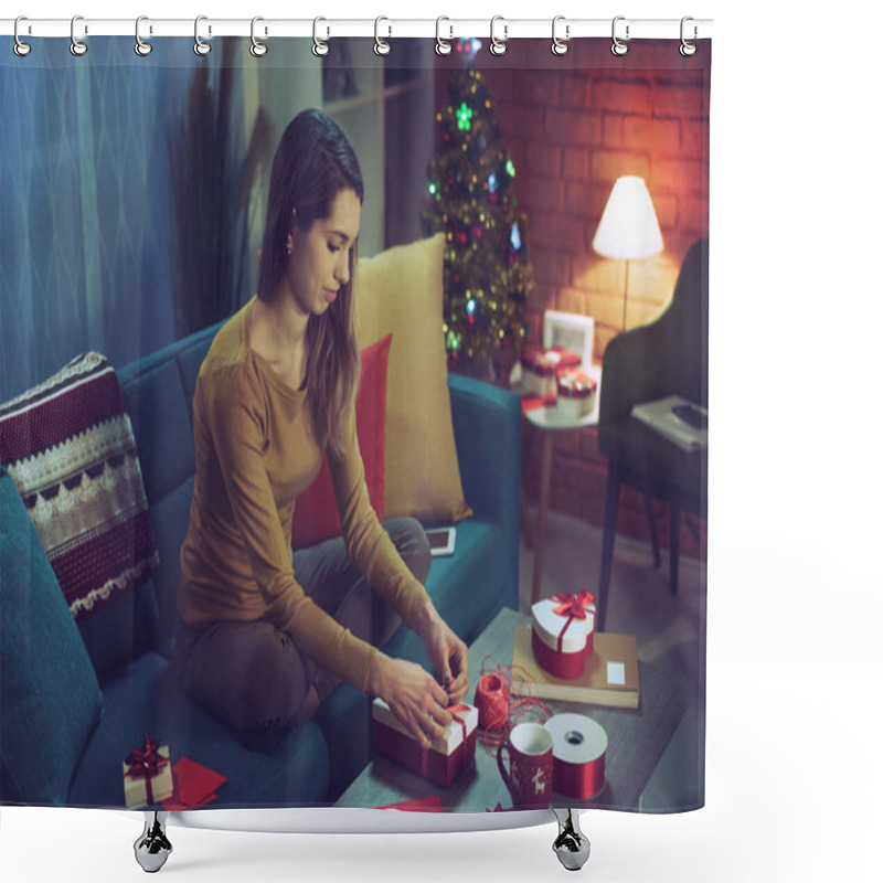 Personality  Woman Preparing Christmas Gifts At Home: She Is Sitting On The Sofa And Tying A Ribbon On A Present Shower Curtains