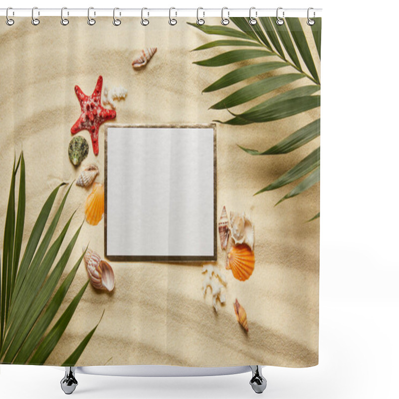 Personality  Top View Of Green Leaves Near Blank Placard And Seashells On Sandy Beach  Shower Curtains