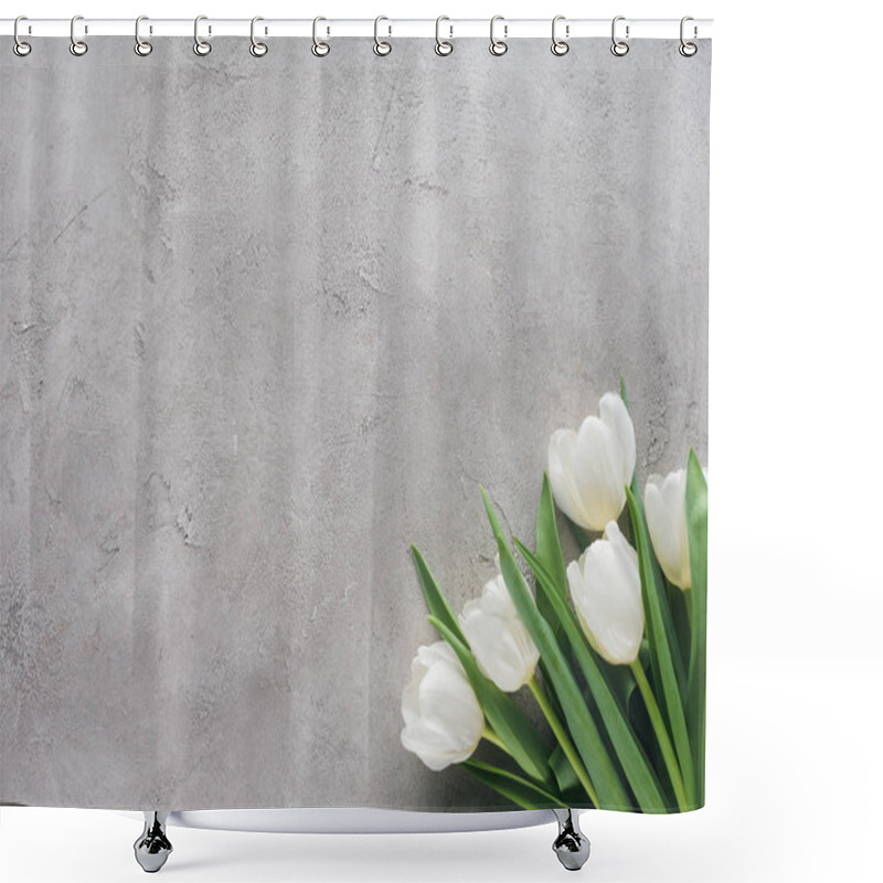 Personality  Top View Of White Tulips On Concrete Surface Shower Curtains