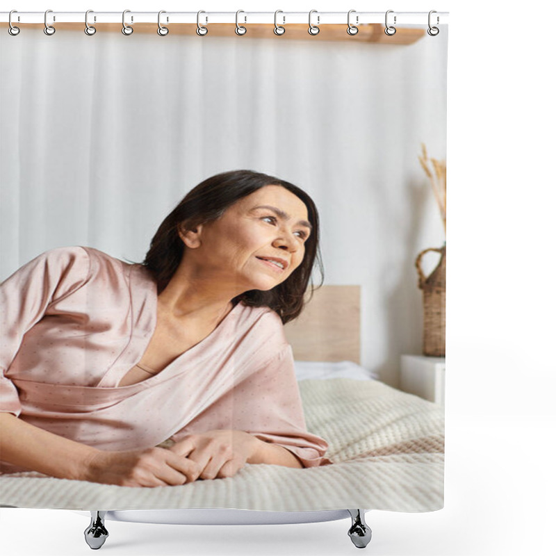 Personality  Mature Woman In Cozy Homewear Lying On Top Of Bed. Shower Curtains