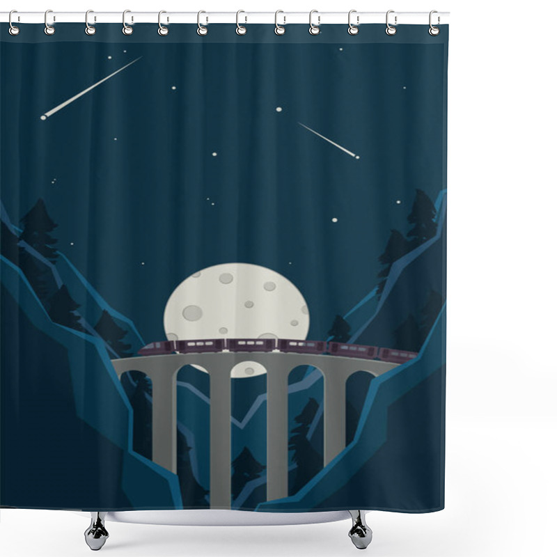 Personality  Train Goes Through The Bridge. Night Train Trip Through The Mountains And Woods. Voyage Illustration. Shower Curtains