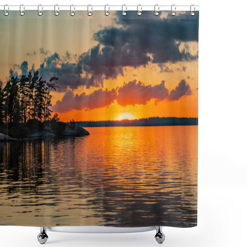 Personality  Island In Rainy Lake At Sunset Shower Curtains