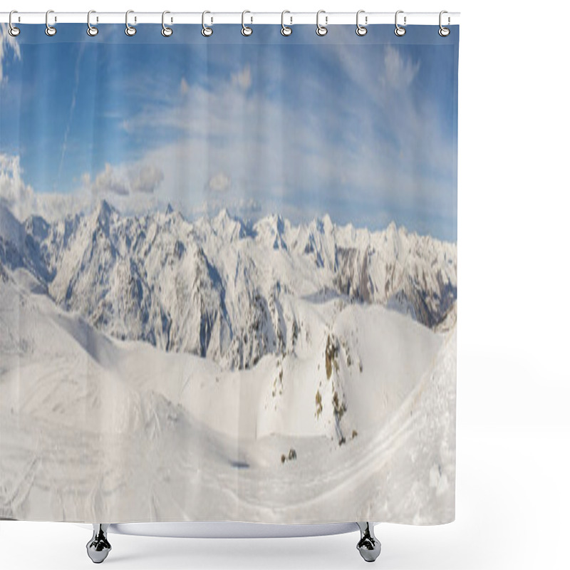 Personality  Panoramic View Of Mountain Range With Ski Piste Shower Curtains