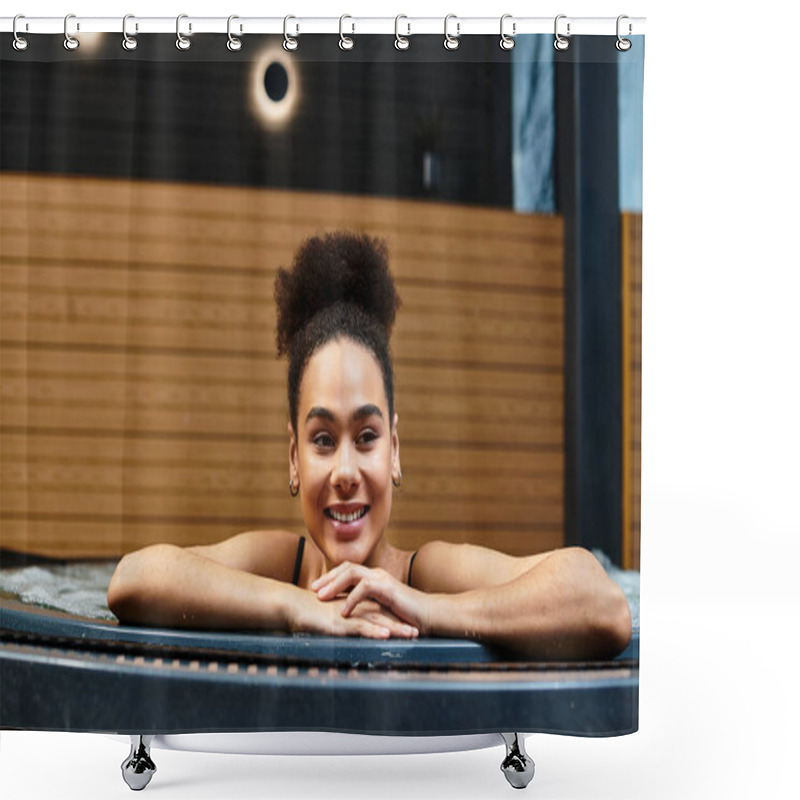 Personality  A Young African American Woman Enjoys Relaxation In A Tranquil Spa Setting, Smiling Blissfully. Shower Curtains