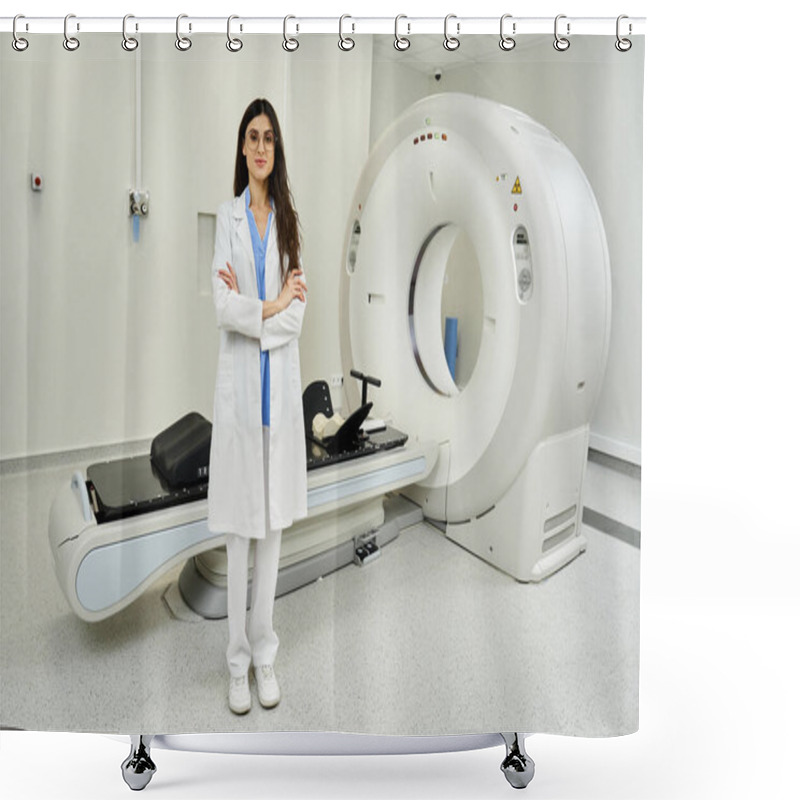 Personality  Attractive Doctor Stands Confidently Beside Advanced MRI Equipment, Ready To Enhance Diagnostics. Shower Curtains