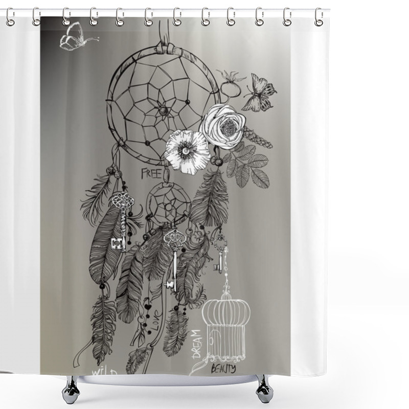 Personality  Indian Dream Catcher In A Sketch Style. Shower Curtains