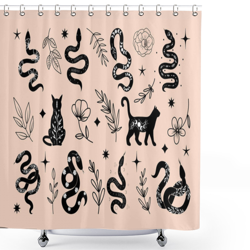 Personality  Set Of Mystical Celestial Black Cats And Snakes, Flowers And Branches, Vector Floral And Fauna Illustration, Mystical Floral Elements And Animals Shower Curtains