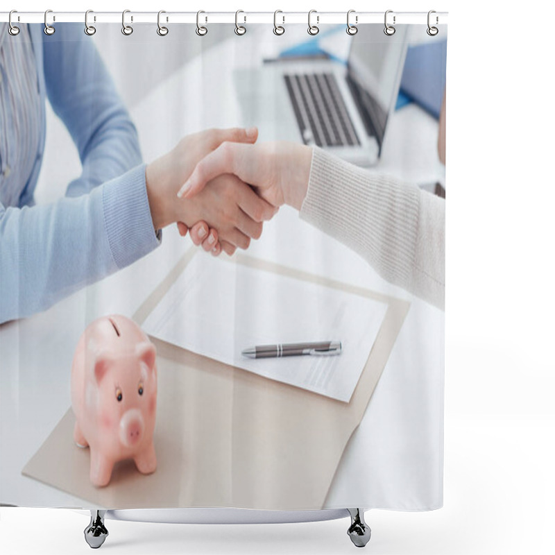 Personality  Financial Advisor And Customer Meeting In The Office And Shaking Hands Shower Curtains