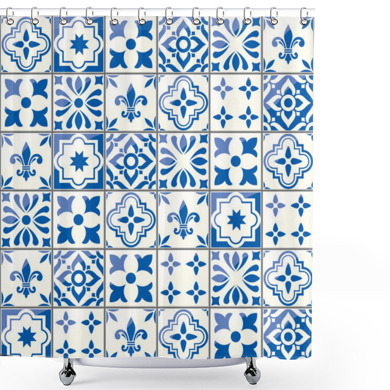 Personality  Geometric Vector Tiles Pattern, Portuguese Or Spnish Seamless Blue Tile Design, Azulejos Background Shower Curtains