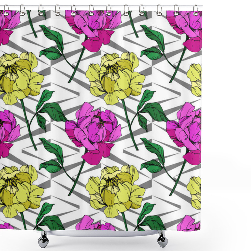 Personality  Vector Purple And Yellow Peonies Illustration With Geometrical Ornament. Engraved Ink Art. Seamless Background Pattern. Fabric Wallpaper Print Texture. Shower Curtains