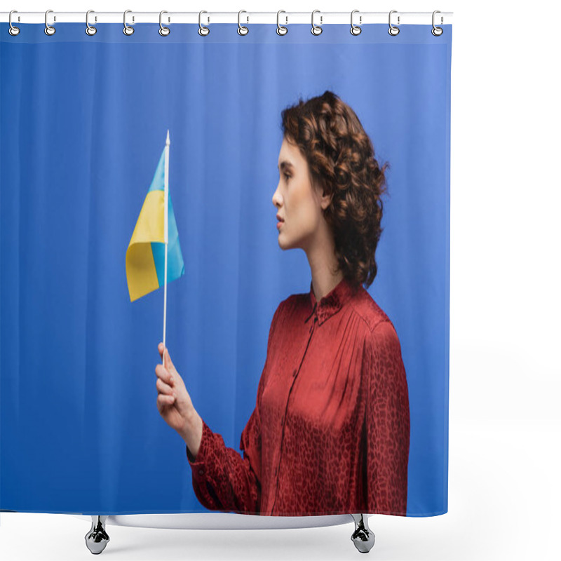 Personality  Side View Of Curly Language Teacher Holding Flag Of Ukraine Isolated On Blue  Shower Curtains