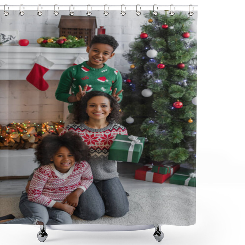 Personality  Cheerful African American Boy Showing Bull Horns Gesture Near Mother With Christmas Gift Shower Curtains