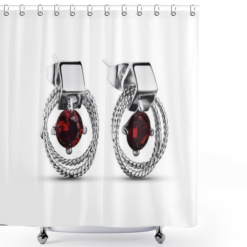 Personality  White Gold Small Earrings With Red Crystals On White Background, Ruby Shower Curtains