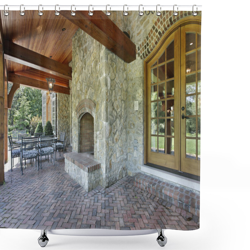 Personality  Brick Patio With Stone Fireplace Shower Curtains