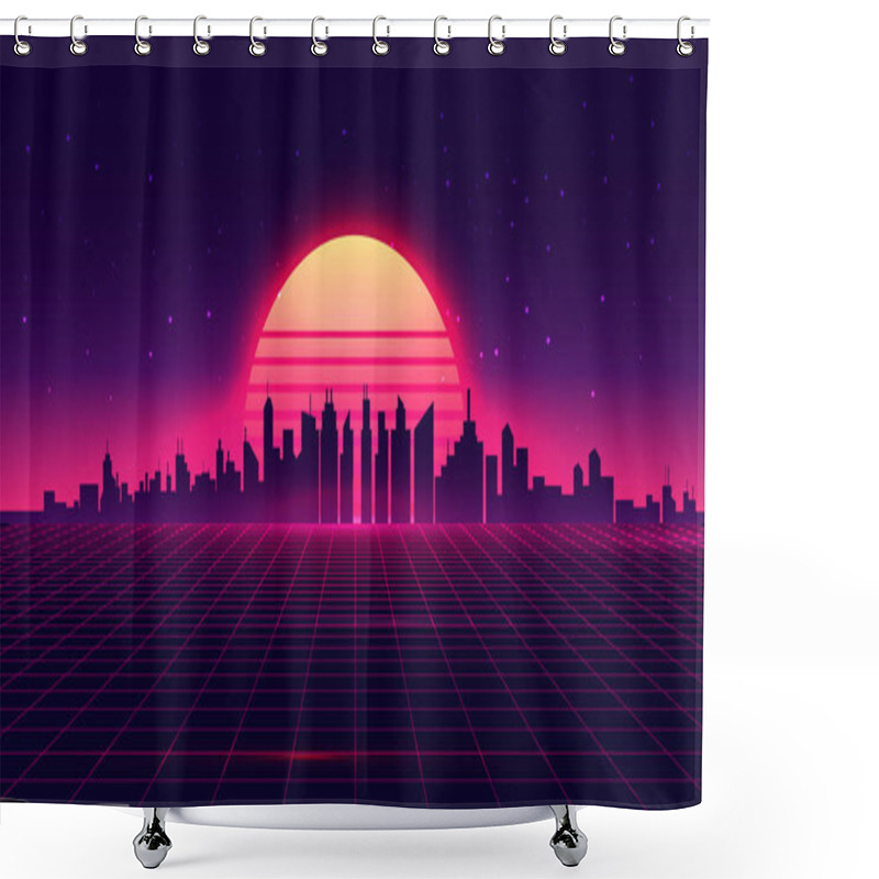 Personality  Retro Futuristic Synthwave Retrowave Styled Night Cityscape With Sunset On Background. Cover Or Banner Template For Retro Wave Music. Vector Illustration. Shower Curtains