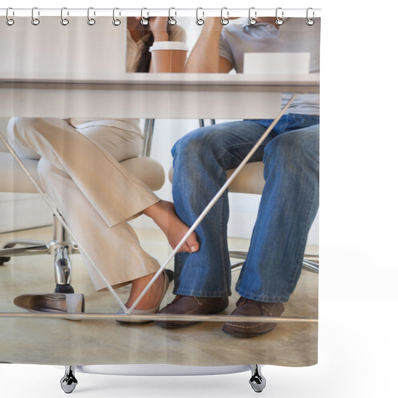 Personality  Casual Businesswoman Playing Footsie With Colleague Under Desk Shower Curtains