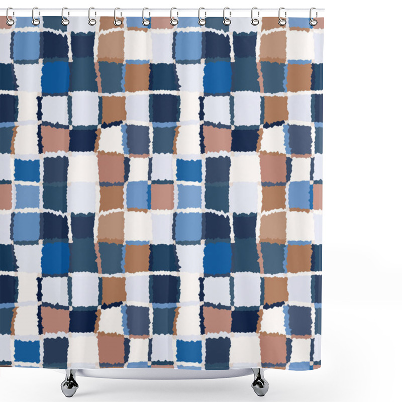 Personality  Seamless Geometric Mosaic Checked Pattern. Background Of Woven Rectangles And Squares. Patchwork, Ceramic, Tile Texture. Blue, Brown, White, Contrast Colors. Vector Shower Curtains