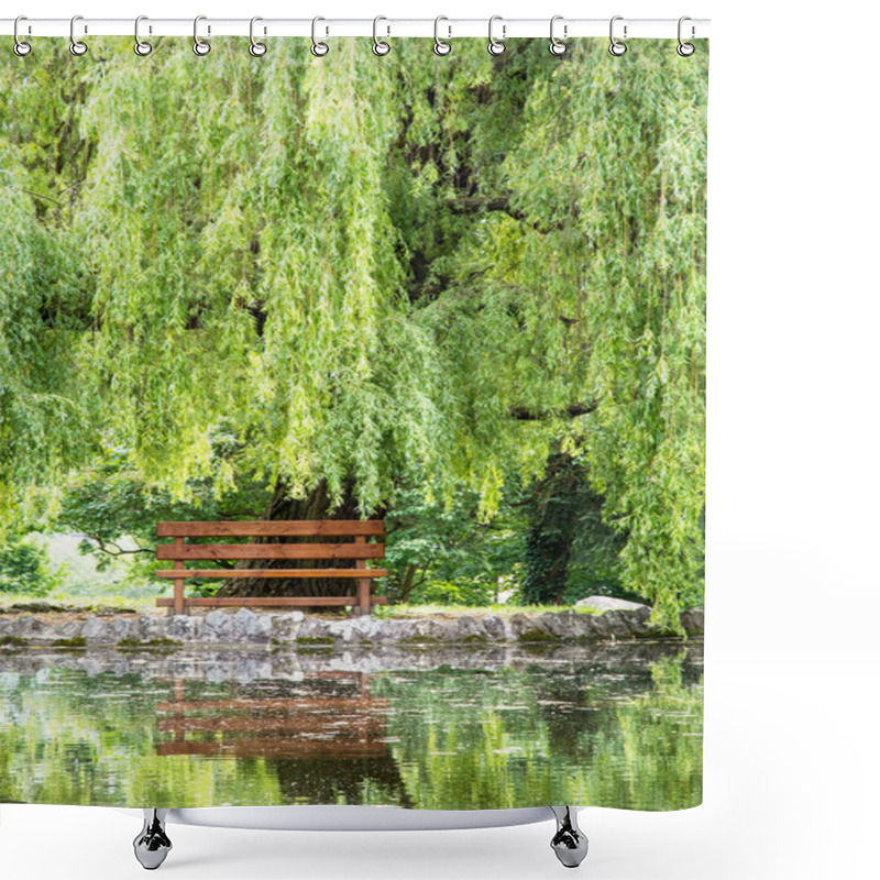 Personality  Wooden Bench And Weeping Willow Are Mirrored In The Lake Shower Curtains