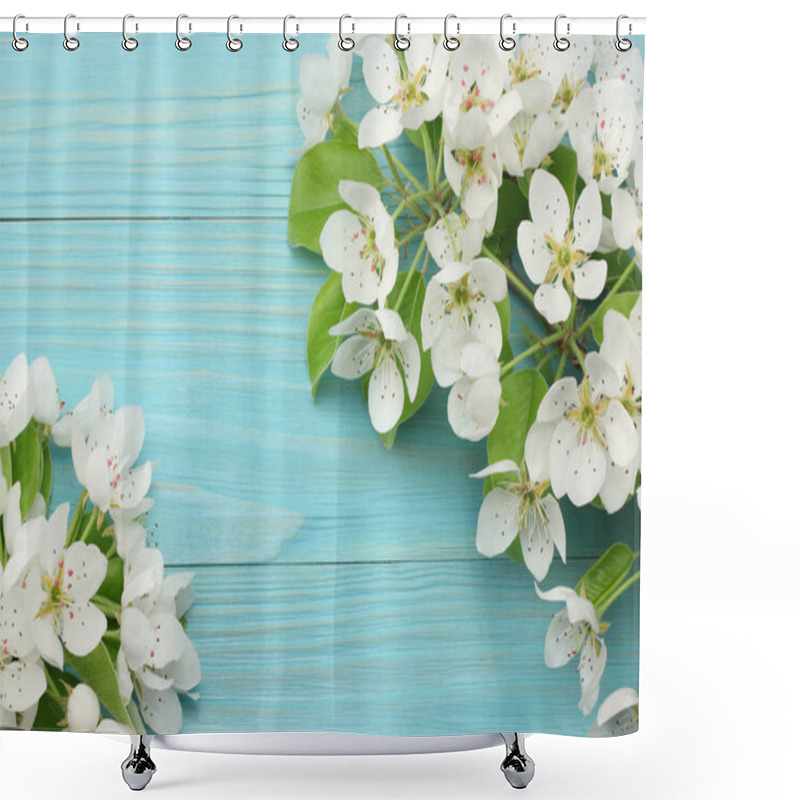 Personality  Spring Background With White Flowers Blossoms On Blue Wooden Background. Top View Shower Curtains