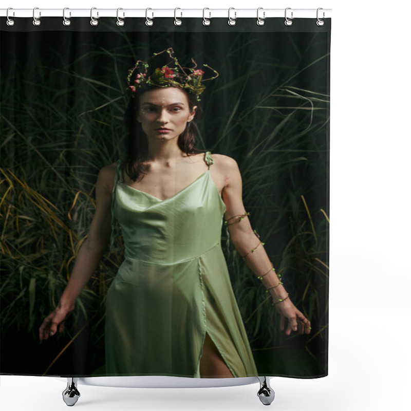 Personality  A Woman With A Floral Crown Poses In A Green Dress Near Swamp Vegetation. Shower Curtains