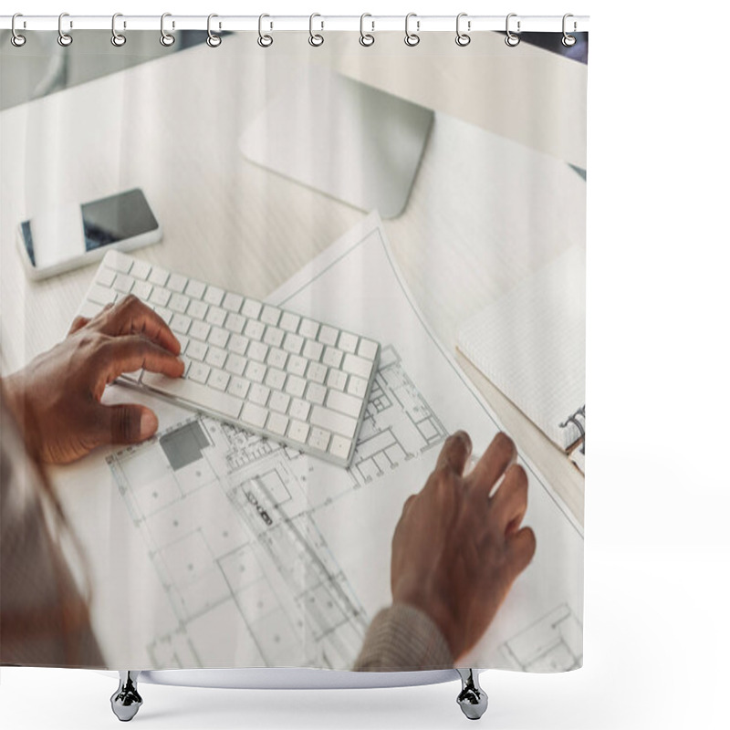 Personality  Cropped View Of African American Female Architect Using Compute Desk With Blueprints Shower Curtains