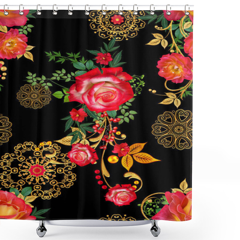 Personality  Seamless Pattern. Decorative Ornament, Paisley Element, Delicate Textured Leaves Made Of Fine Lace And Pearls. Jeweled Shiny Curls, Red Roses, Stylish Yellow Flowers. Openwork Weaving Delicate. Shower Curtains